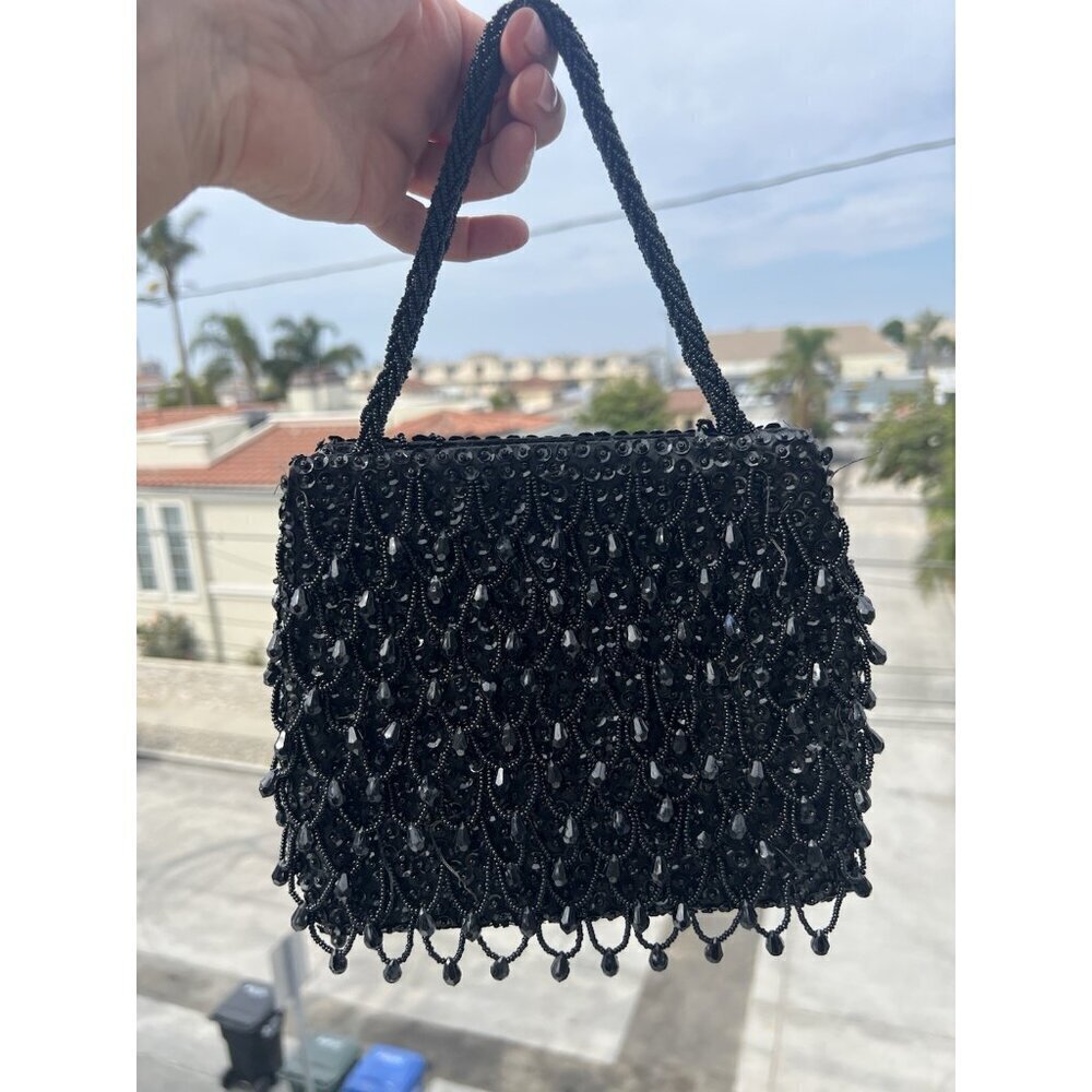 Vintage Handmade Hong Kong 50s beaded black sequin evening bag GORGEOUS MCM
